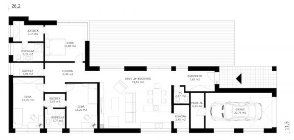 Pasívny dům 4+kuchyňa so sedlovou strechou | pôdorys